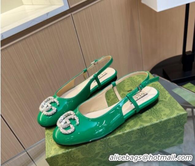 Unique Style Gucci Slingback Ballet Flat with Crystals Double G in Patent Leather Green 117029