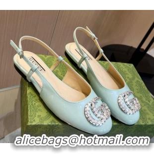 Most Popular Gucci Slingback Ballet Flat with Crystals Double G in Patent Leather Light Blue 117030