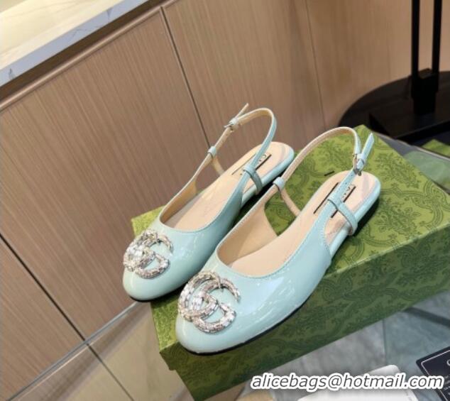 Most Popular Gucci Slingback Ballet Flat with Crystals Double G in Patent Leather Light Blue 117030