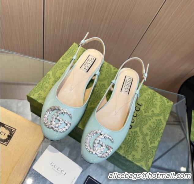 Most Popular Gucci Slingback Ballet Flat with Crystals Double G in Patent Leather Light Blue 117030