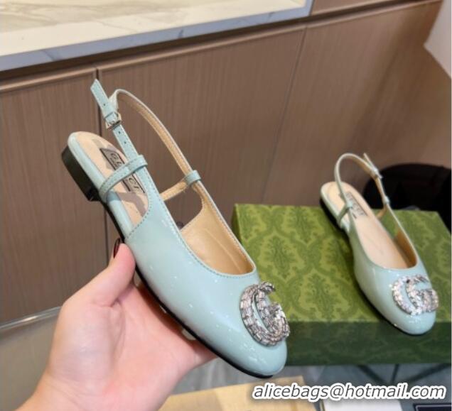 Most Popular Gucci Slingback Ballet Flat with Crystals Double G in Patent Leather Light Blue 117030