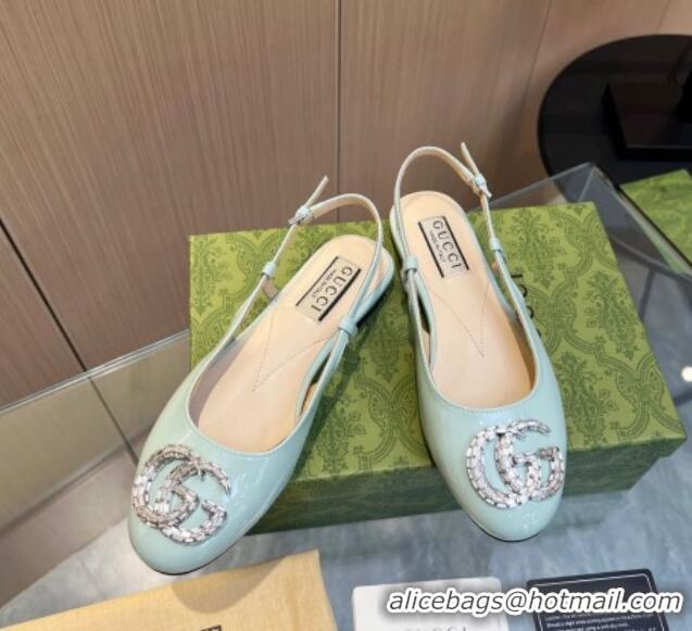 Most Popular Gucci Slingback Ballet Flat with Crystals Double G in Patent Leather Light Blue 117030