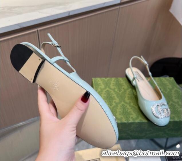 Most Popular Gucci Slingback Ballet Flat with Crystals Double G in Patent Leather Light Blue 117030