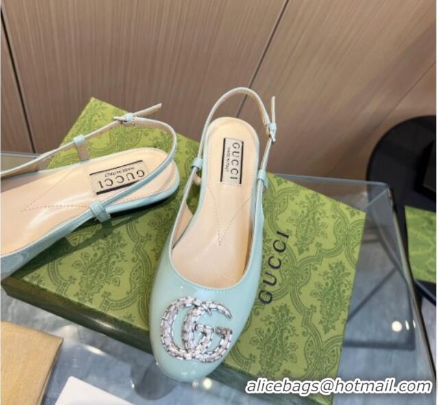 Most Popular Gucci Slingback Ballet Flat with Crystals Double G in Patent Leather Light Blue 117030