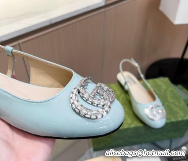 Most Popular Gucci Slingback Ballet Flat with Crystals Double G in Patent Leather Light Blue 117030