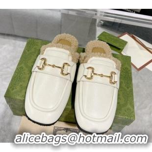 Shop Cheap Gucci Flat Mules with Horsebit in Leather and Shearling White 117035