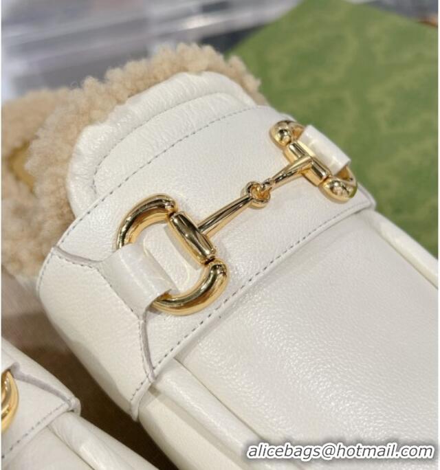 Shop Cheap Gucci Flat Mules with Horsebit in Leather and Shearling White 117035