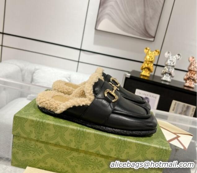 Top Grade Gucci Flat Mules with Horsebit in Leather and Shearling Black 117036