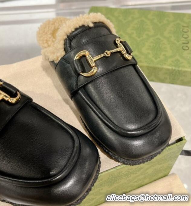 Top Grade Gucci Flat Mules with Horsebit in Leather and Shearling Black 117036