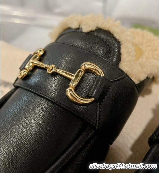 Top Grade Gucci Flat Mules with Horsebit in Leather and Shearling Black 117036