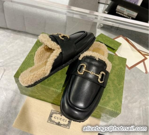 Top Grade Gucci Flat Mules with Horsebit in Leather and Shearling Black 117036