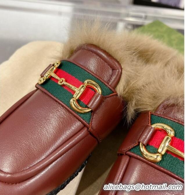 Good Looking Gucci Flat Mules with Horsebit and Web in Leather and Wool Burgundy 117032