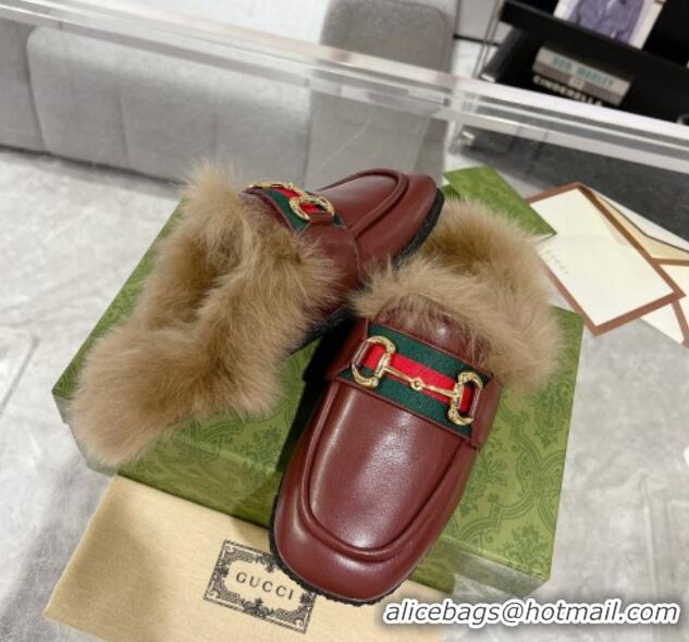 Good Looking Gucci Flat Mules with Horsebit and Web in Leather and Wool Burgundy 117032