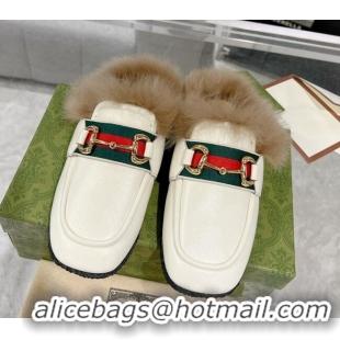 Luxurious Gucci Flat Mules with Horsebit and Web in Leather and Wool White 117033