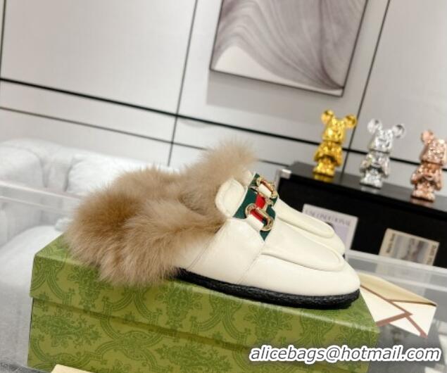 Luxurious Gucci Flat Mules with Horsebit and Web in Leather and Wool White 117033