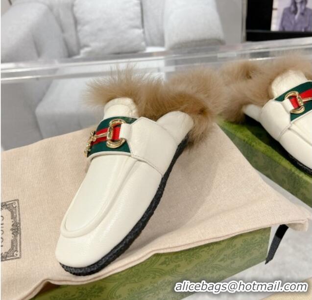 Luxurious Gucci Flat Mules with Horsebit and Web in Leather and Wool White 117033