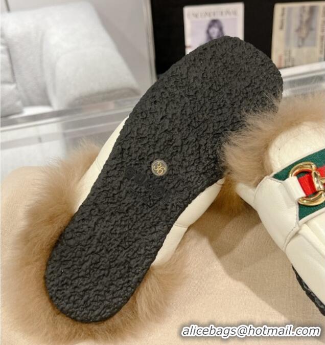 Luxurious Gucci Flat Mules with Horsebit and Web in Leather and Wool White 117033