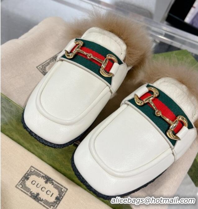 Luxurious Gucci Flat Mules with Horsebit and Web in Leather and Wool White 117033