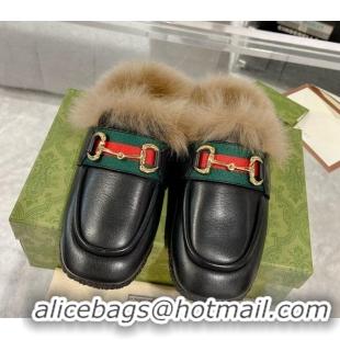 Top Design Gucci Flat Mules with Horsebit and Web in Leather and Wool Black 117034