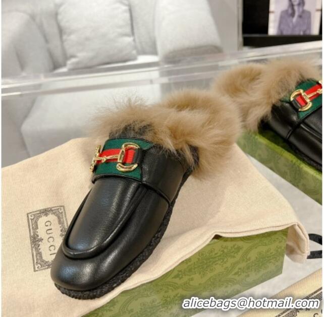 Top Design Gucci Flat Mules with Horsebit and Web in Leather and Wool Black 117034