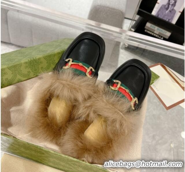 Top Design Gucci Flat Mules with Horsebit and Web in Leather and Wool Black 117034