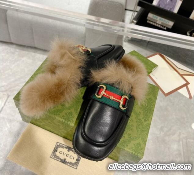 Top Design Gucci Flat Mules with Horsebit and Web in Leather and Wool Black 117034