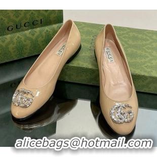 Buy Discount Gucci Ballet Flat with Crystals Double G in Patent Leather Apricot 204096