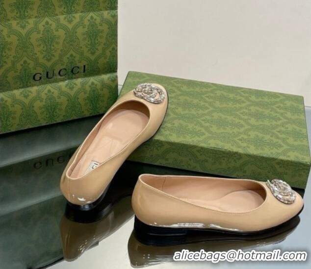 Buy Discount Gucci Ballet Flat with Crystals Double G in Patent Leather Apricot 204096