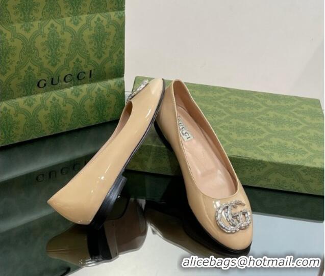 Buy Discount Gucci Ballet Flat with Crystals Double G in Patent Leather Apricot 204096