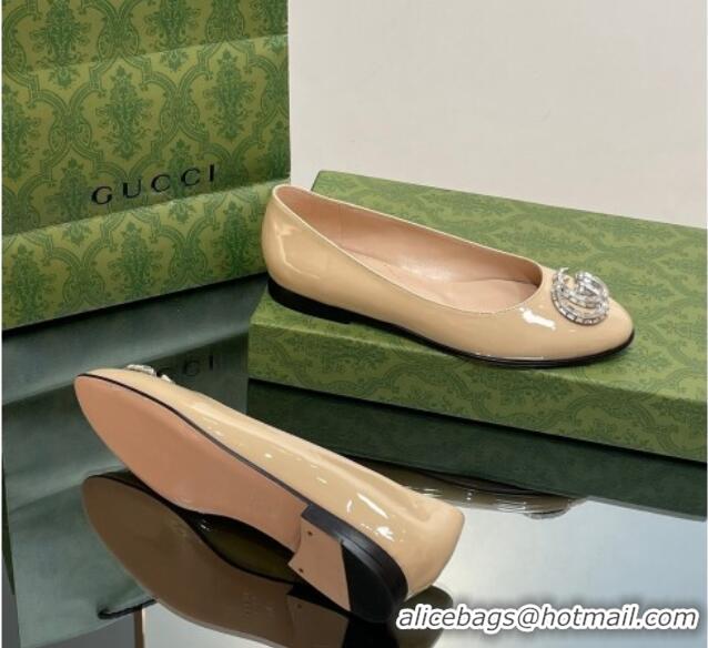 Buy Discount Gucci Ballet Flat with Crystals Double G in Patent Leather Apricot 204096