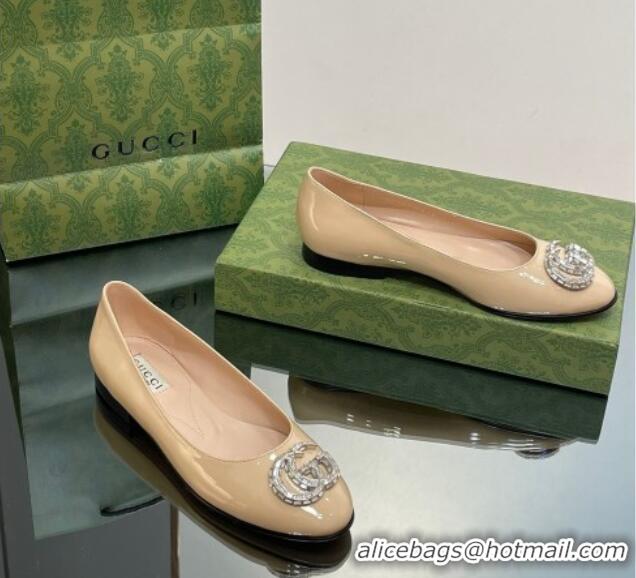 Buy Discount Gucci Ballet Flat with Crystals Double G in Patent Leather Apricot 204096