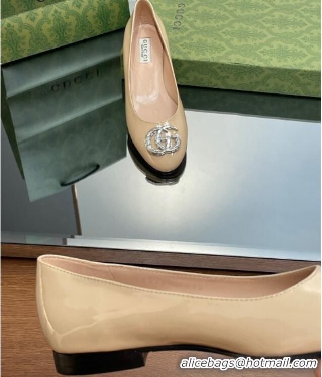 Buy Discount Gucci Ballet Flat with Crystals Double G in Patent Leather Apricot 204096