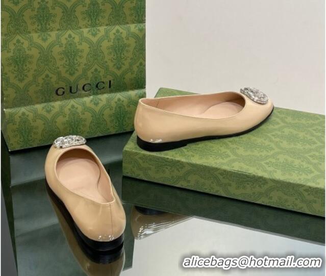 Buy Discount Gucci Ballet Flat with Crystals Double G in Patent Leather Apricot 204096