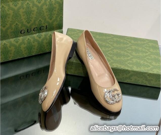 Buy Discount Gucci Ballet Flat with Crystals Double G in Patent Leather Apricot 204096