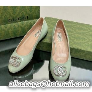 Feminine Gucci Ballet Flat with Crystals Double G in Patent Leather Light Green 204097