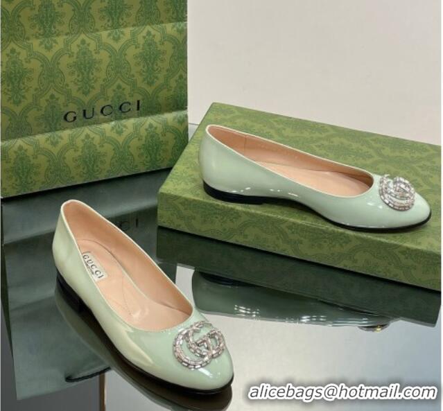 Feminine Gucci Ballet Flat with Crystals Double G in Patent Leather Light Green 204097