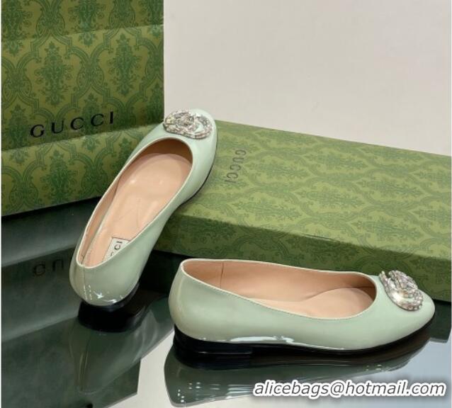 Feminine Gucci Ballet Flat with Crystals Double G in Patent Leather Light Green 204097