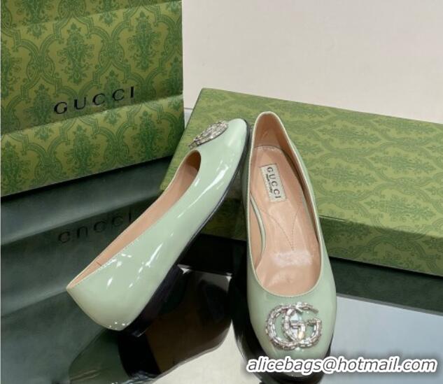 Feminine Gucci Ballet Flat with Crystals Double G in Patent Leather Light Green 204097