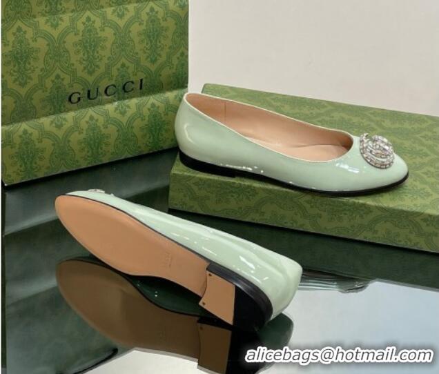 Feminine Gucci Ballet Flat with Crystals Double G in Patent Leather Light Green 204097