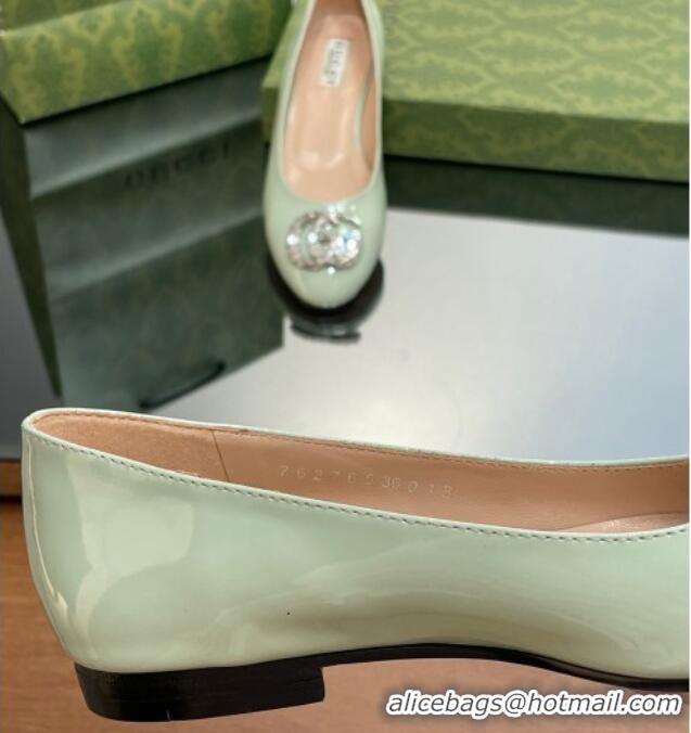 Feminine Gucci Ballet Flat with Crystals Double G in Patent Leather Light Green 204097