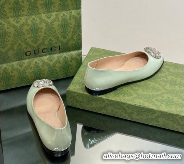 Feminine Gucci Ballet Flat with Crystals Double G in Patent Leather Light Green 204097