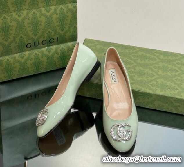 Feminine Gucci Ballet Flat with Crystals Double G in Patent Leather Light Green 204097