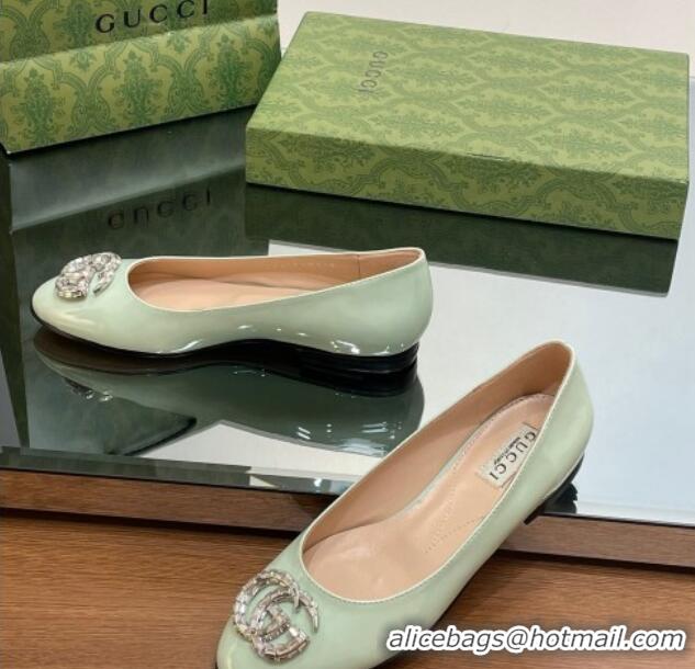 Feminine Gucci Ballet Flat with Crystals Double G in Patent Leather Light Green 204097