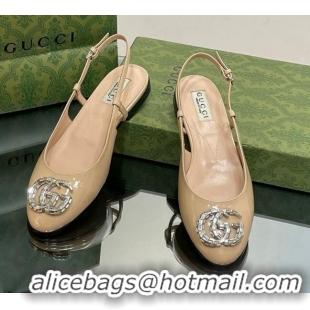 Popular Style Gucci Slingback Ballet Flat with Crystals Double G in Patent Leather Apricot 204099