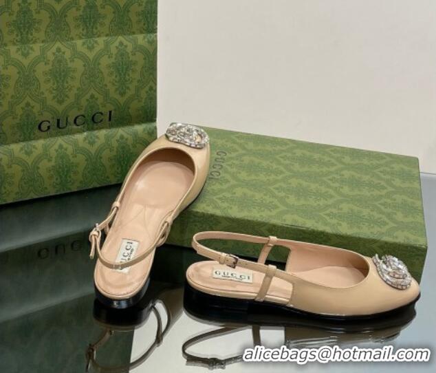 Popular Style Gucci Slingback Ballet Flat with Crystals Double G in Patent Leather Apricot 204099