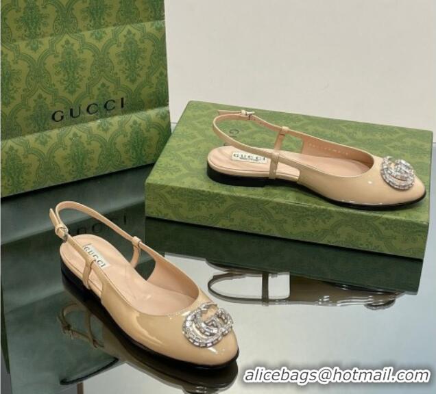 Popular Style Gucci Slingback Ballet Flat with Crystals Double G in Patent Leather Apricot 204099