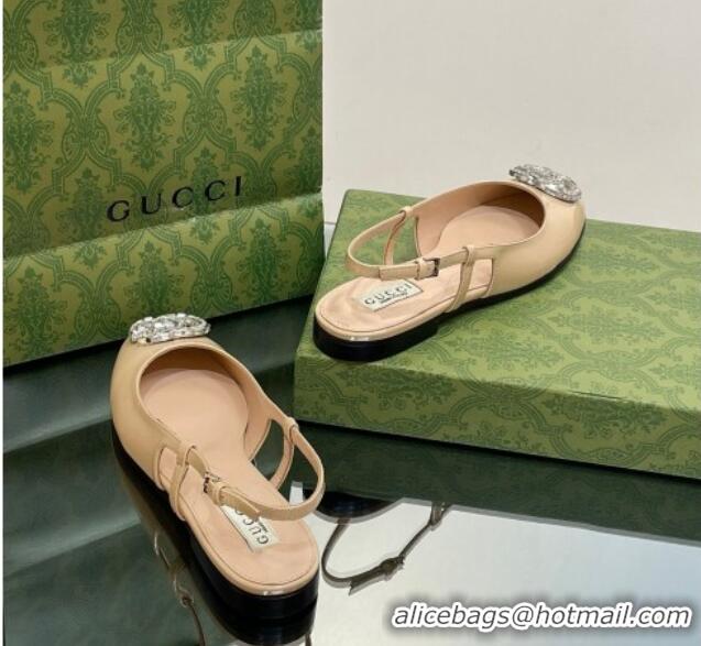 Popular Style Gucci Slingback Ballet Flat with Crystals Double G in Patent Leather Apricot 204099