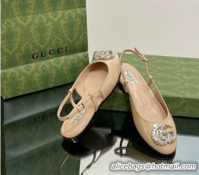 Popular Style Gucci Slingback Ballet Flat with Crystals Double G in Patent Leather Apricot 204099