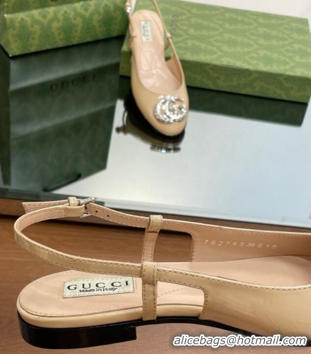 Popular Style Gucci Slingback Ballet Flat with Crystals Double G in Patent Leather Apricot 204099