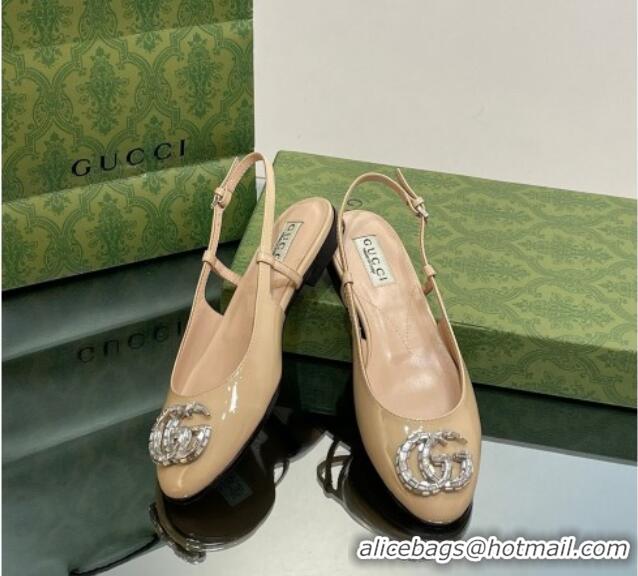 Popular Style Gucci Slingback Ballet Flat with Crystals Double G in Patent Leather Apricot 204099